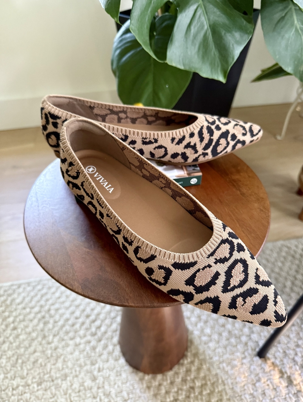 Vivaia Leopard Pointed Knit Flats in Beige/Black